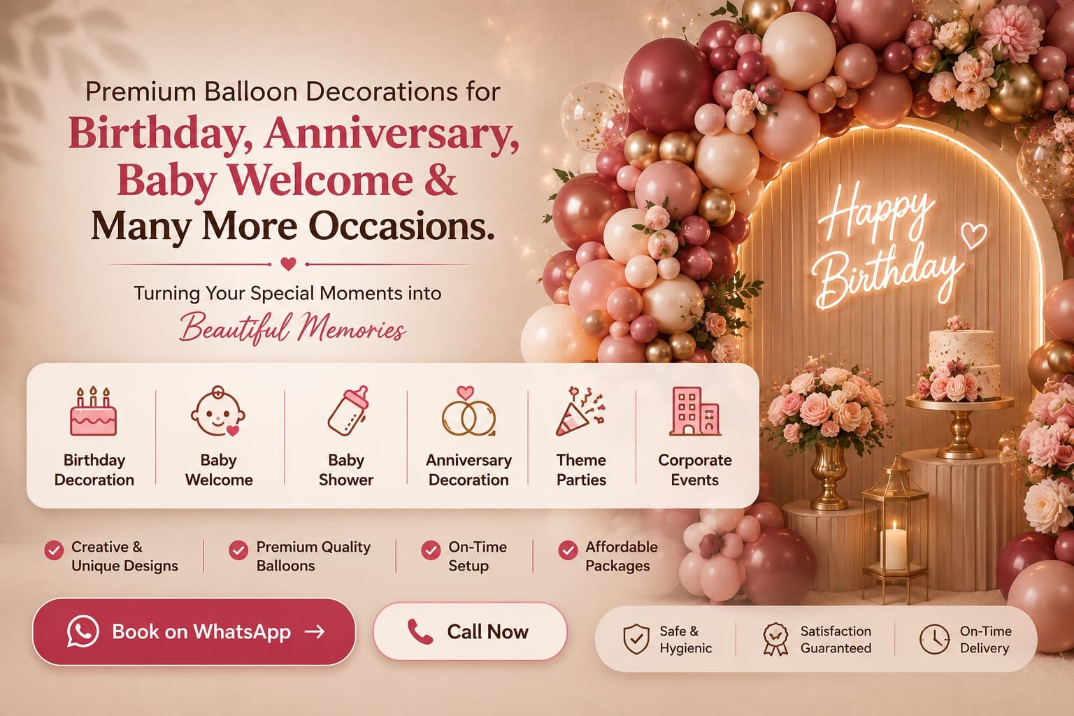 Elegant balloon decoration setup with pastel balloons and cake table by Deepak Balloon
